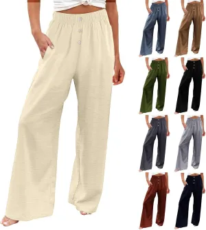 Linen Pants Women Casual Button Elastic Waist Straight Leg Wide Leg Pants Summer Lounge Loose Work Pants with Pockets