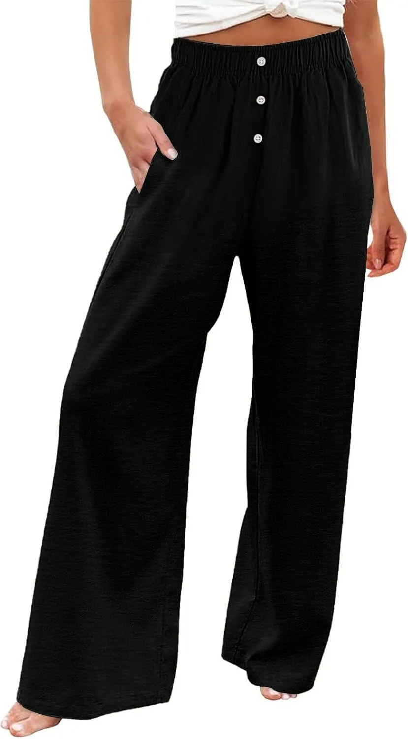 Linen Pants Women Casual Button Elastic Waist Straight Leg Wide Leg Pants Summer Lounge Loose Work Pants with Pockets