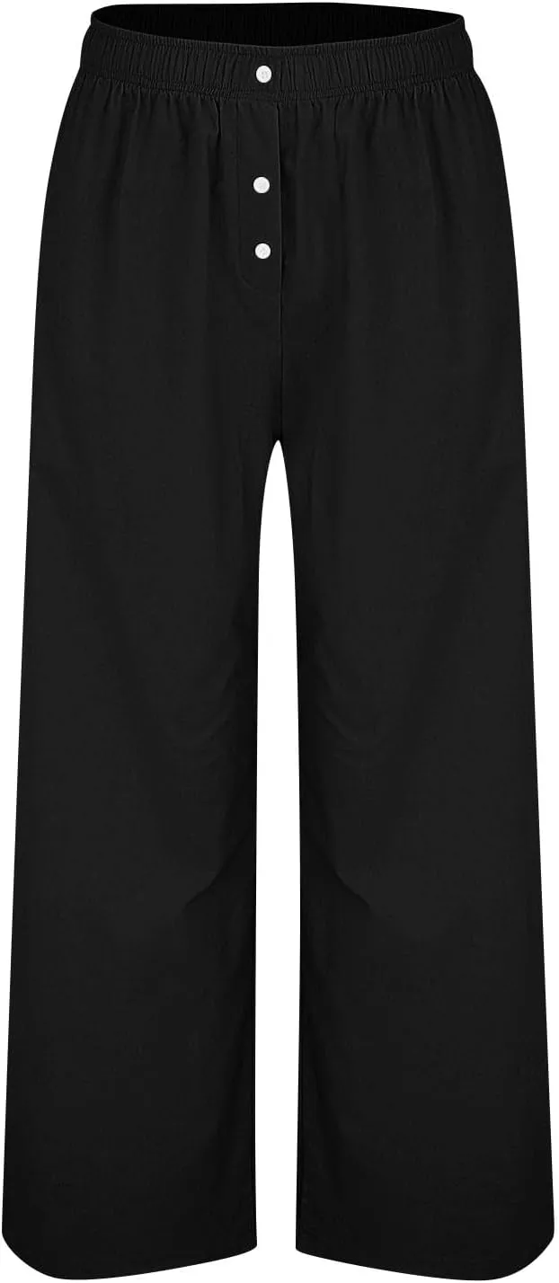 Linen Pants Women Casual Button Elastic Waist Straight Leg Wide Leg Pants Summer Lounge Loose Work Pants with Pockets