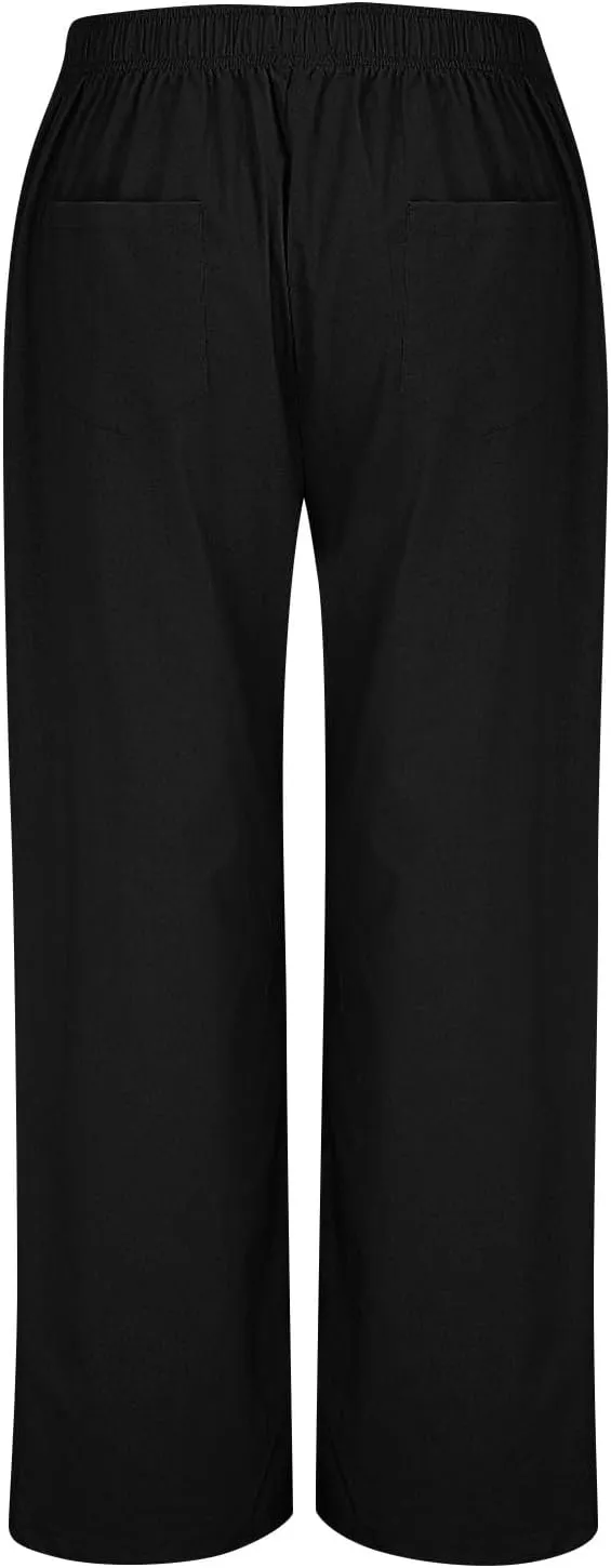 Linen Pants Women Casual Button Elastic Waist Straight Leg Wide Leg Pants Summer Lounge Loose Work Pants with Pockets