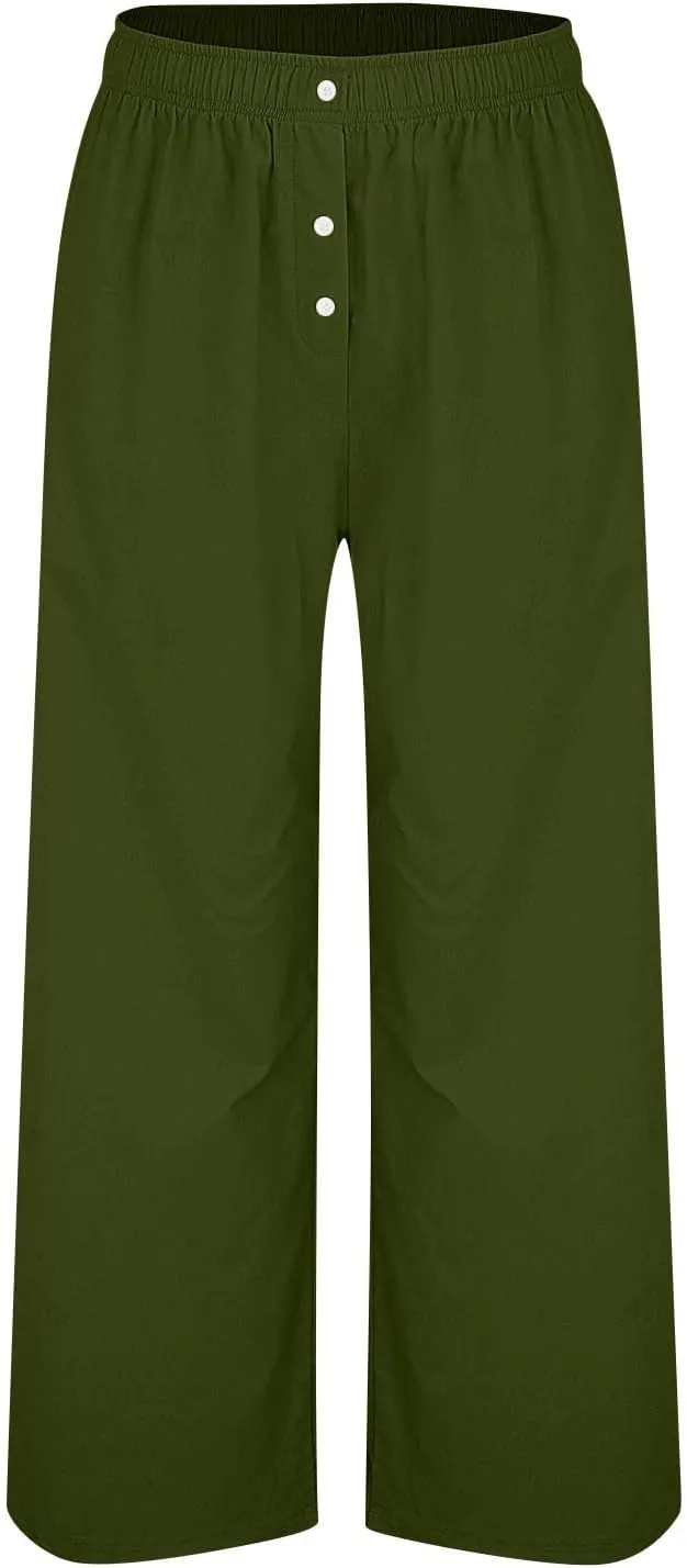 Linen Pants Women Casual Button Elastic Waist Straight Leg Wide Leg Pants Summer Lounge Loose Work Pants with Pockets