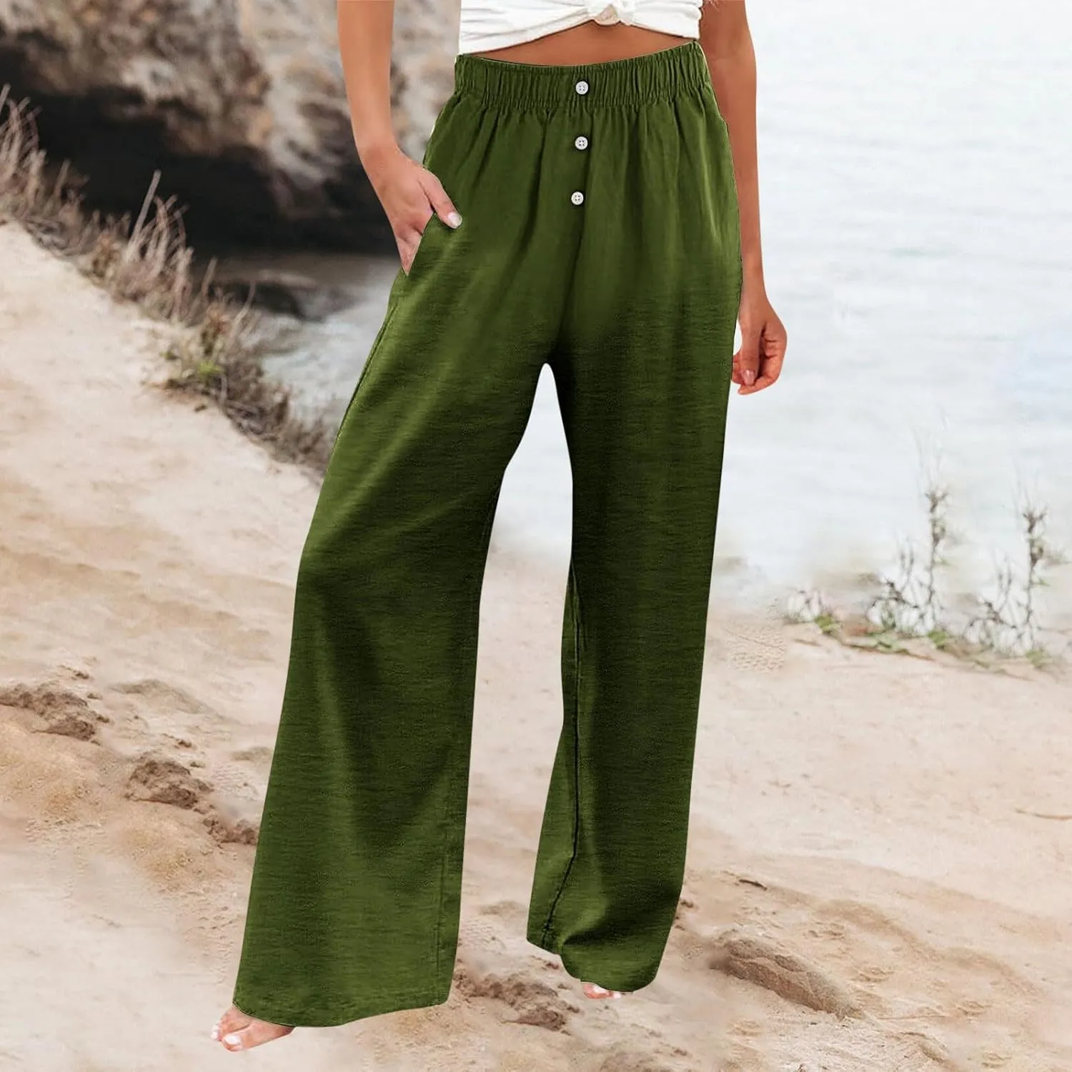 Linen Pants Women Casual Button Elastic Waist Straight Leg Wide Leg Pants Summer Lounge Loose Work Pants with Pockets