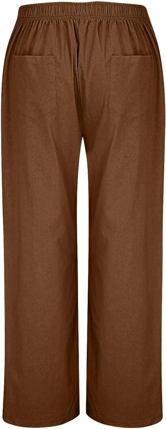 Linen Pants Women Casual Button Elastic Waist Straight Leg Wide Leg Pants Summer Lounge Loose Work Pants with Pockets