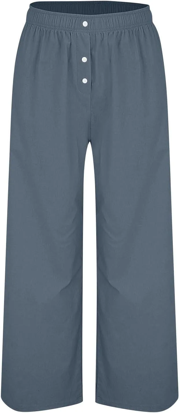 Linen Pants Women Casual Button Elastic Waist Straight Leg Wide Leg Pants Summer Lounge Loose Work Pants with Pockets