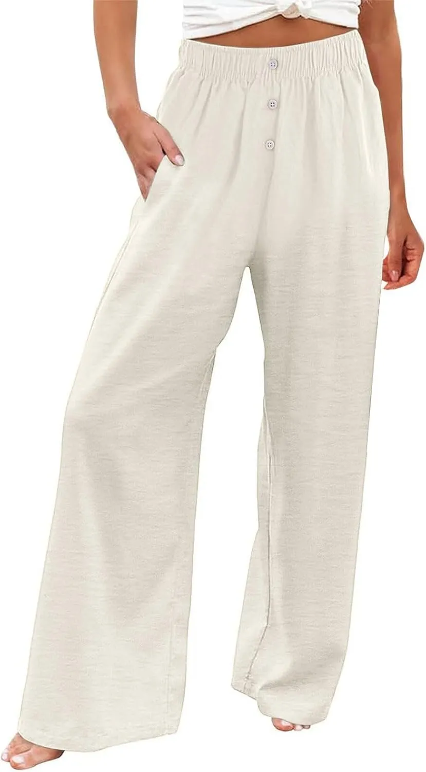 Linen Pants Women Casual Button Elastic Waist Straight Leg Wide Leg Pants Summer Lounge Loose Work Pants with Pockets