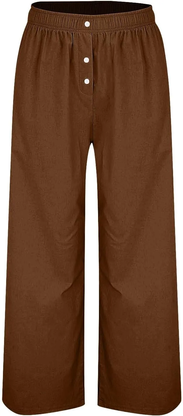 Linen Pants Women Casual Button Elastic Waist Straight Leg Wide Leg Pants Summer Lounge Loose Work Pants with Pockets
