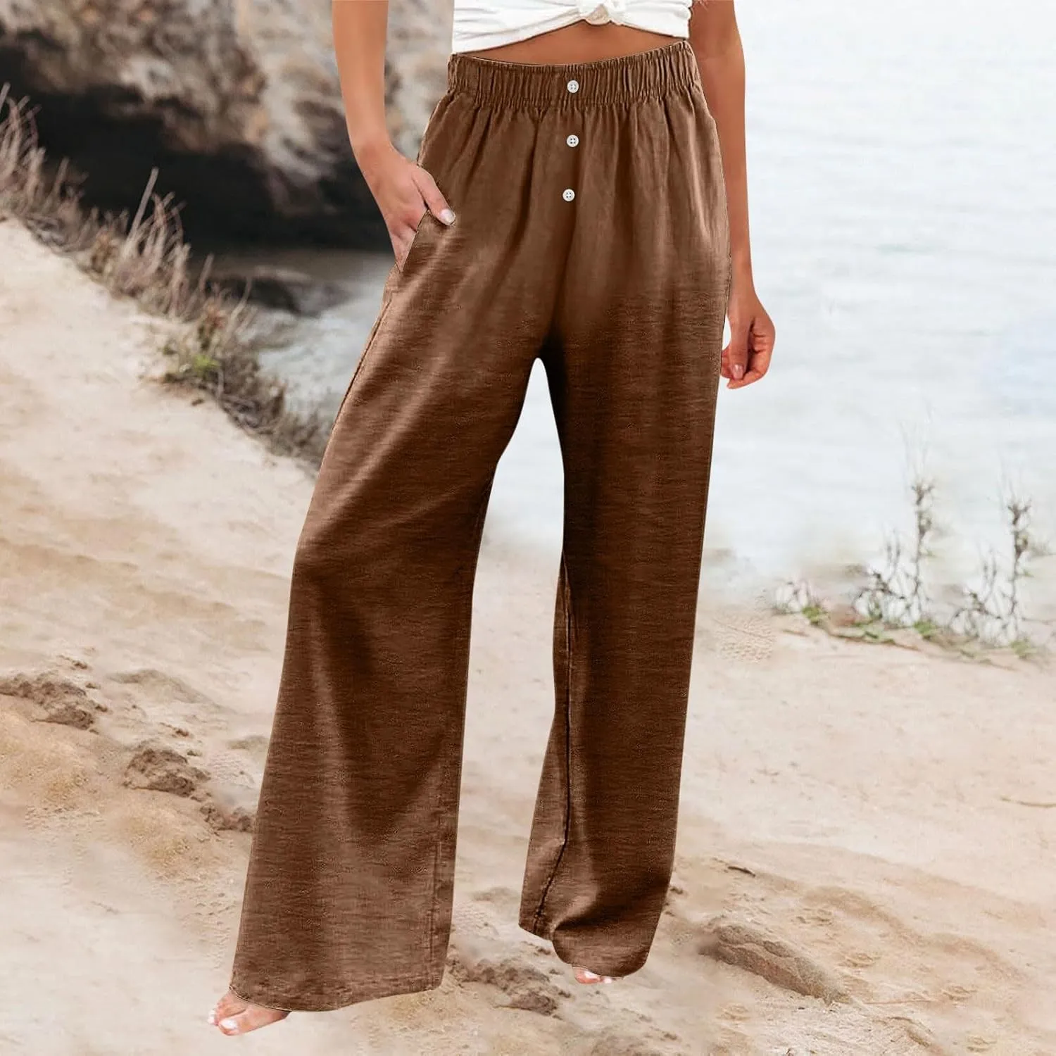 Linen Pants Women Casual Button Elastic Waist Straight Leg Wide Leg Pants Summer Lounge Loose Work Pants with Pockets