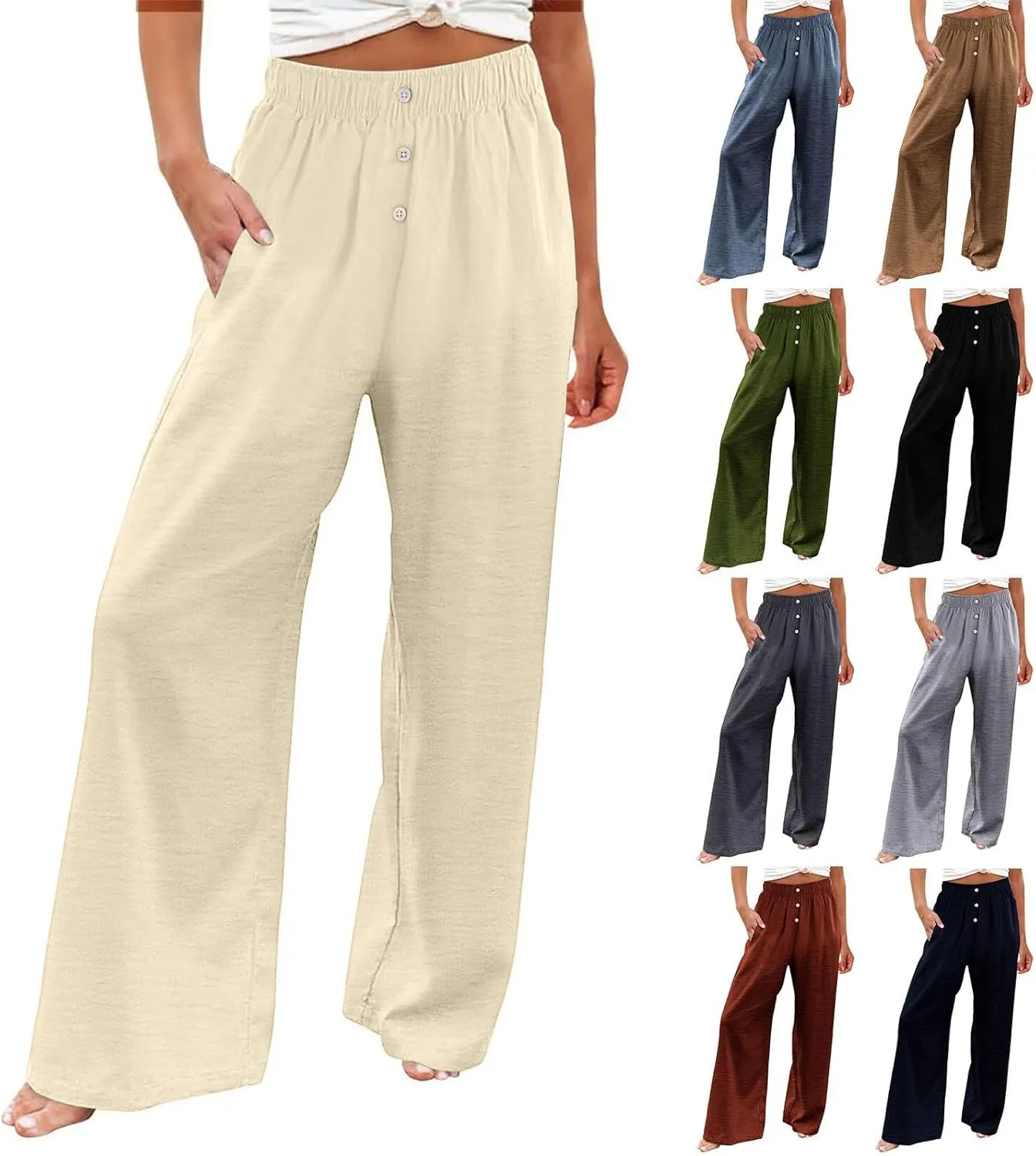 Linen Pants Women Casual Button Elastic Waist Straight Leg Wide Leg Pants Summer Lounge Loose Work Pants with Pockets