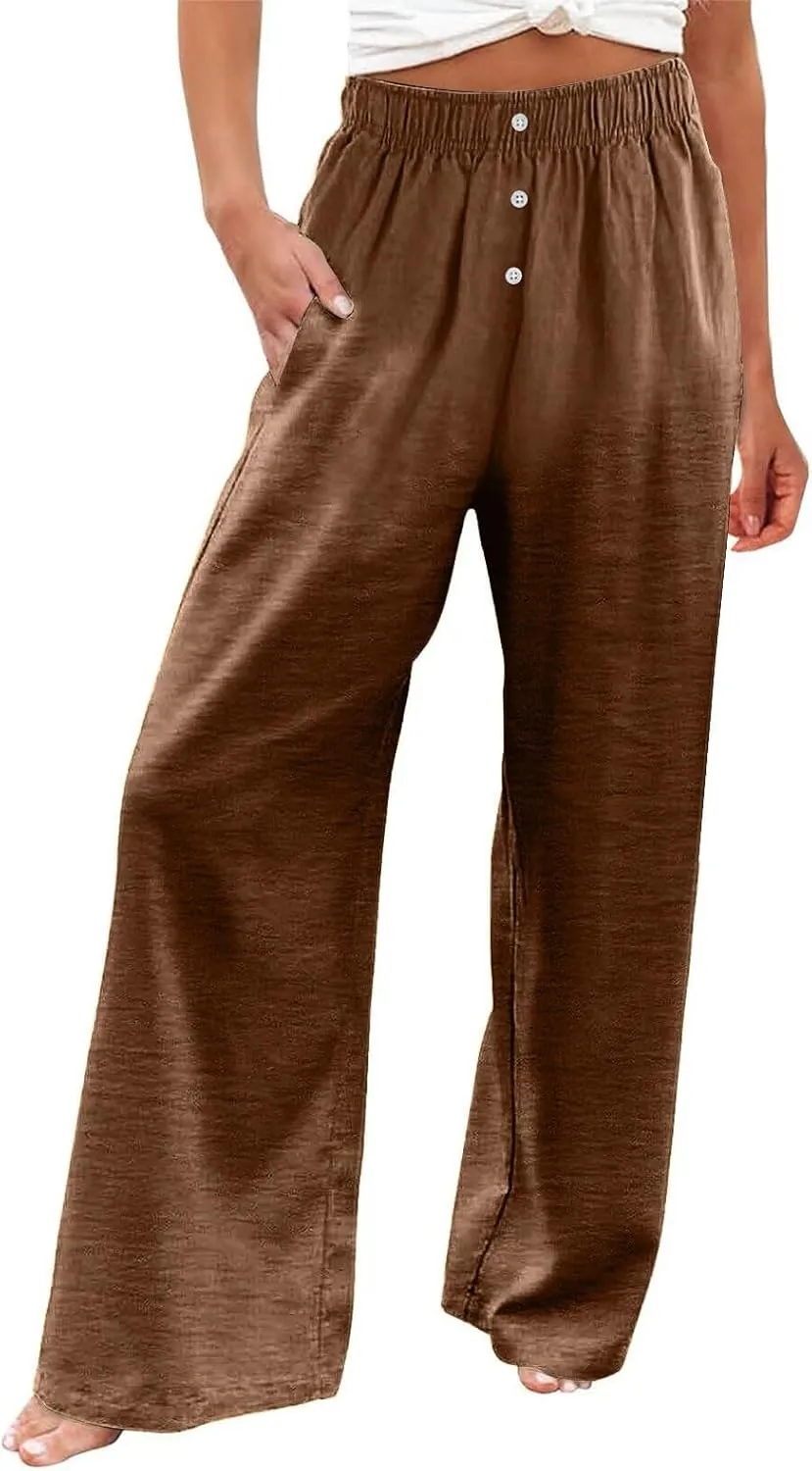 Linen Pants Women Casual Button Elastic Waist Straight Leg Wide Leg Pants Summer Lounge Loose Work Pants with Pockets