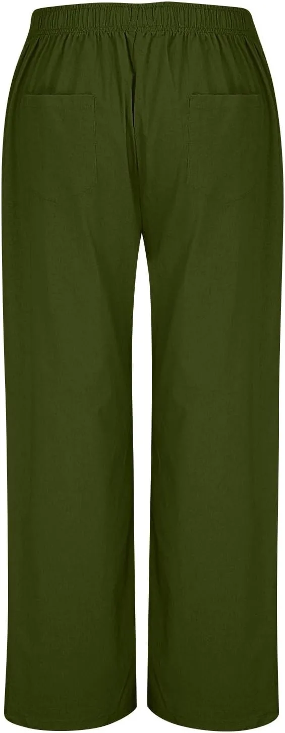 Linen Pants Women Casual Button Elastic Waist Straight Leg Wide Leg Pants Summer Lounge Loose Work Pants with Pockets