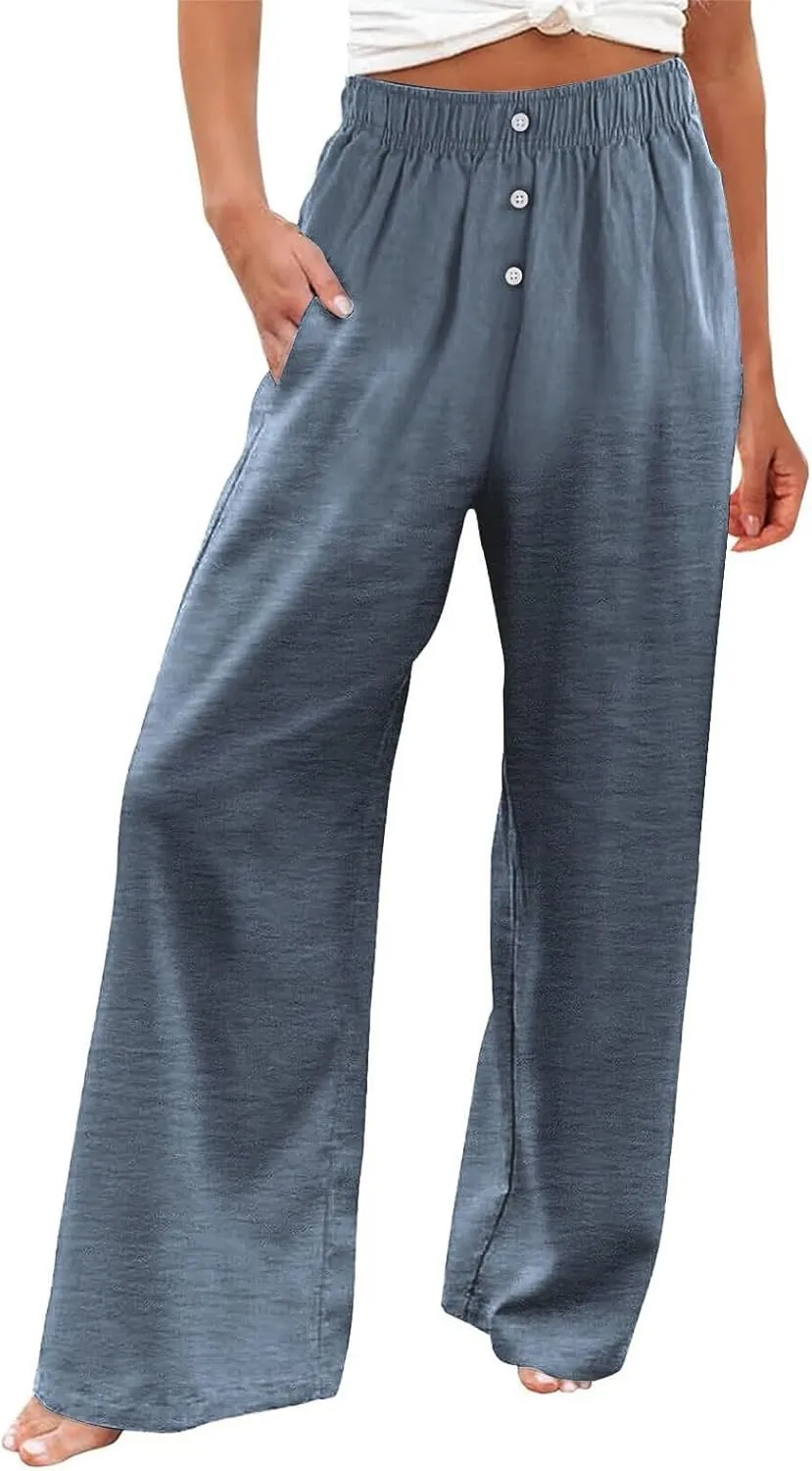 Linen Pants Women Casual Button Elastic Waist Straight Leg Wide Leg Pants Summer Lounge Loose Work Pants with Pockets