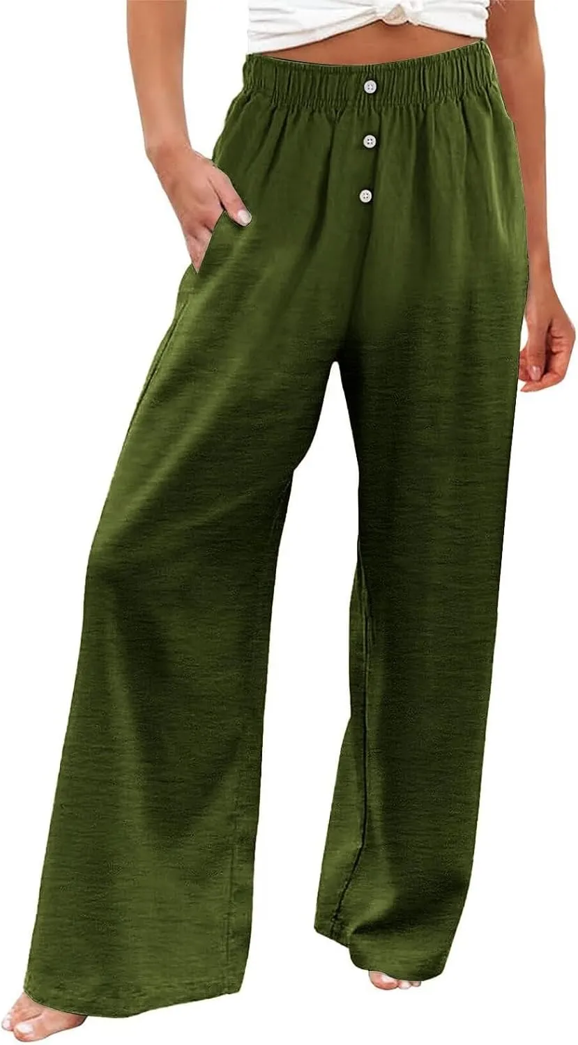 Linen Pants Women Casual Button Elastic Waist Straight Leg Wide Leg Pants Summer Lounge Loose Work Pants with Pockets