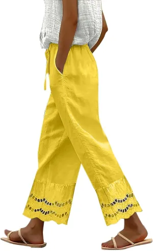 Linen Pants Women Wide Leg Cropped Lounge Trousers Drawstring Elastic Waist Summer Boho Palazzo Flowy Pant Outfits