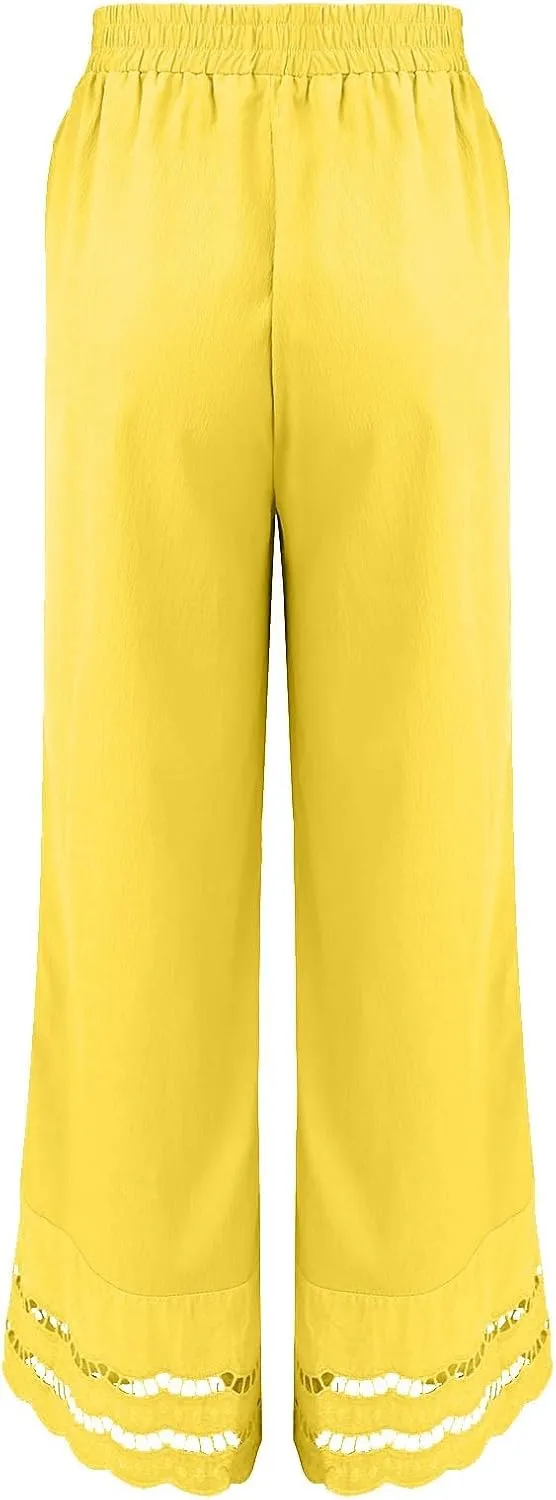 Linen Pants Women Wide Leg Cropped Lounge Trousers Drawstring Elastic Waist Summer Boho Palazzo Flowy Pant Outfits