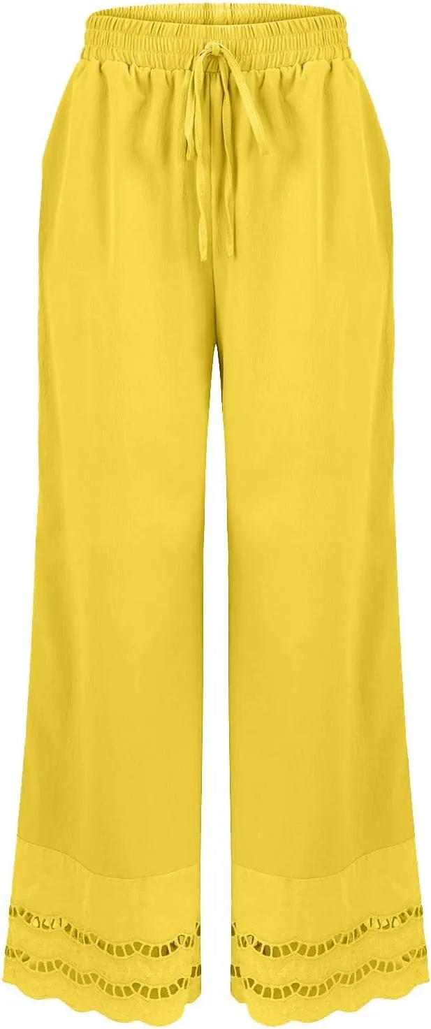 Linen Pants Women Wide Leg Cropped Lounge Trousers Drawstring Elastic Waist Summer Boho Palazzo Flowy Pant Outfits