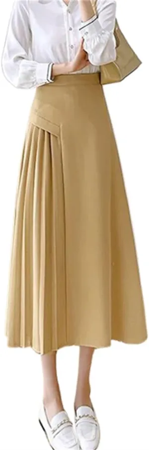LIXINGHEITANG Korean Style A Line Long Skirts Women Spring Summer Pleated Waist Skirt Woman Elegant Office Ladies