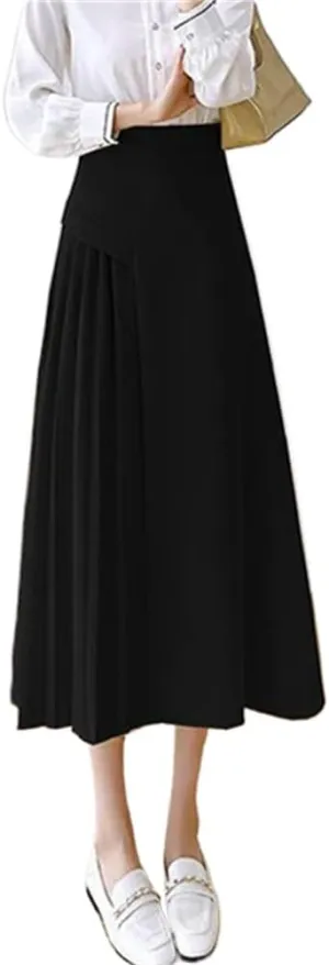 LIXINGHEITANG Korean Style A Line Long Skirts Women Spring Summer Pleated Waist Skirt Woman Elegant Office Ladies