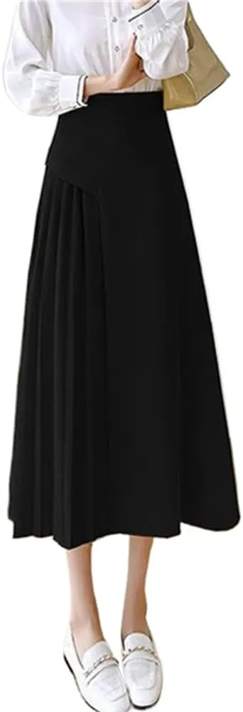 LIXINGHEITANG Korean Style A Line Long Skirts Women Spring Summer Pleated Waist Skirt Woman Elegant Office Ladies