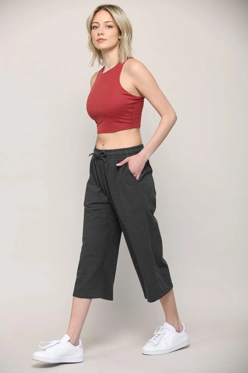 Lock and Love Womens Capri Pants Loose Yoga Pants Wide Leg Drawstring Comfy Lounge Pajama Capris Sweatpants with Pockets