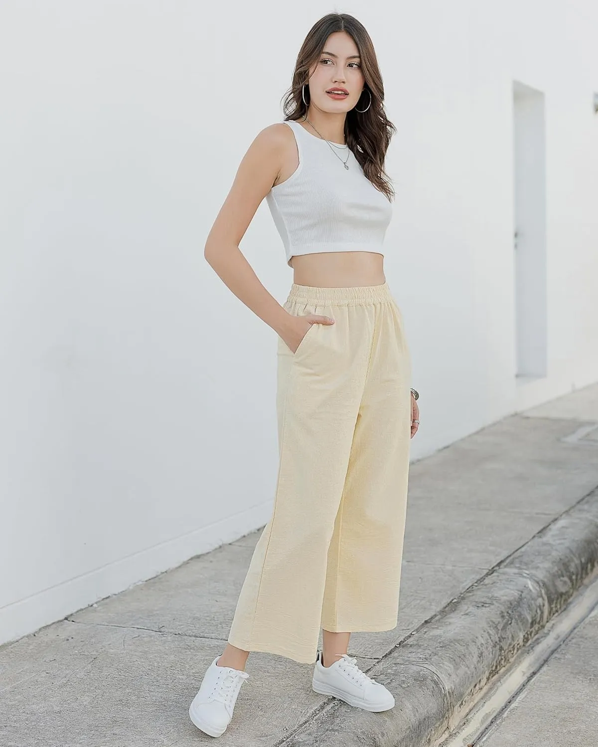 LOFBAZ Women Cotton Linen Wide Leg Capris Pants Cropped Palazzo Elastic High Waist Trousers Casual Loose Summer Clothing
