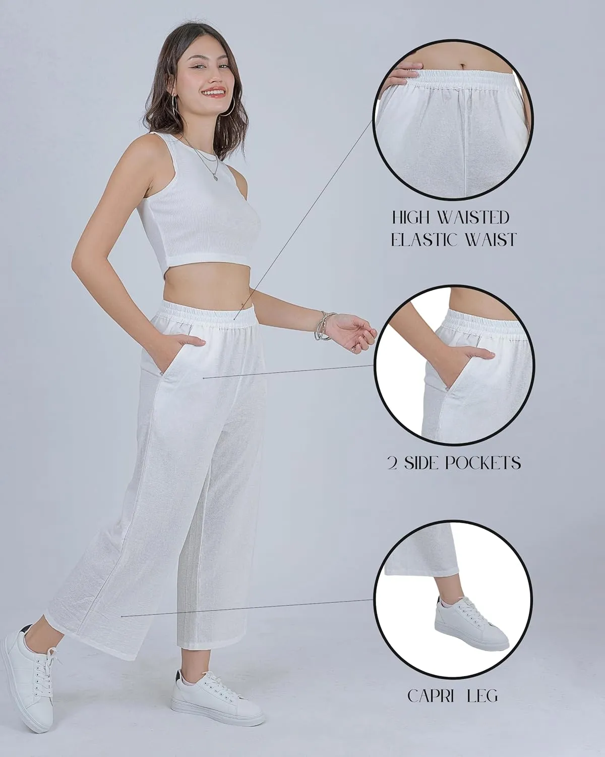 LOFBAZ Women Cotton Linen Wide Leg Capris Pants Cropped Palazzo Elastic High Waist Trousers Casual Loose Summer Clothing