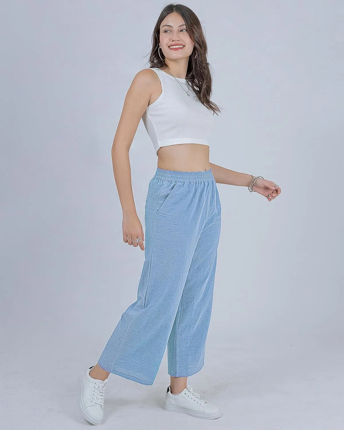 LOFBAZ Women Cotton Linen Wide Leg Capris Pants Cropped Palazzo Elastic High Waist Trousers Casual Loose Summer Clothing