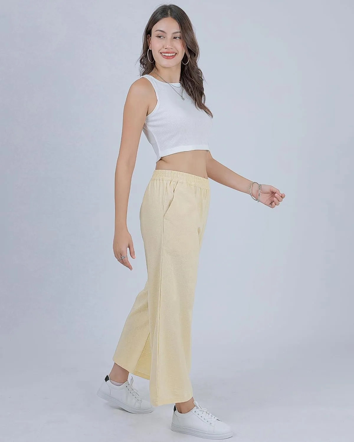 LOFBAZ Women Cotton Linen Wide Leg Capris Pants Cropped Palazzo Elastic High Waist Trousers Casual Loose Summer Clothing
