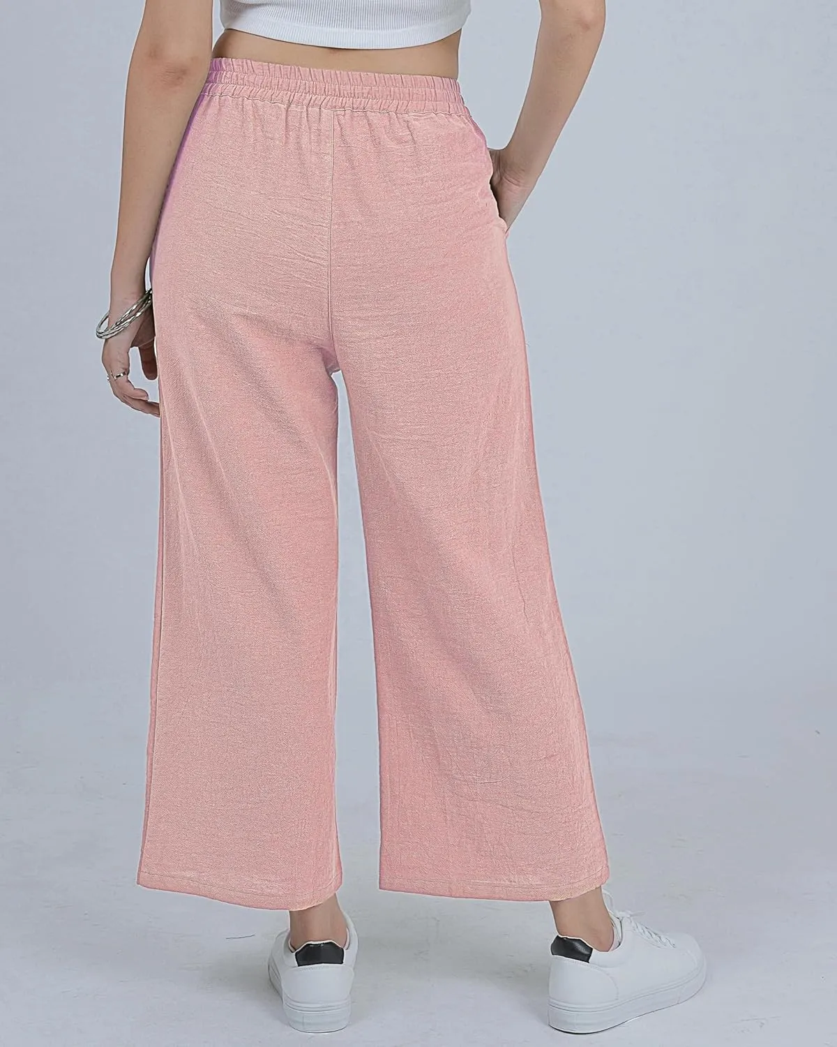 LOFBAZ Women Cotton Linen Wide Leg Capris Pants Cropped Palazzo Elastic High Waist Trousers Casual Loose Summer Clothing