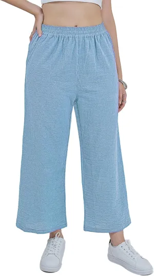 LOFBAZ Women Cotton Linen Wide Leg Capris Pants Cropped Palazzo Elastic High Waist Trousers Casual Loose Summer Clothing