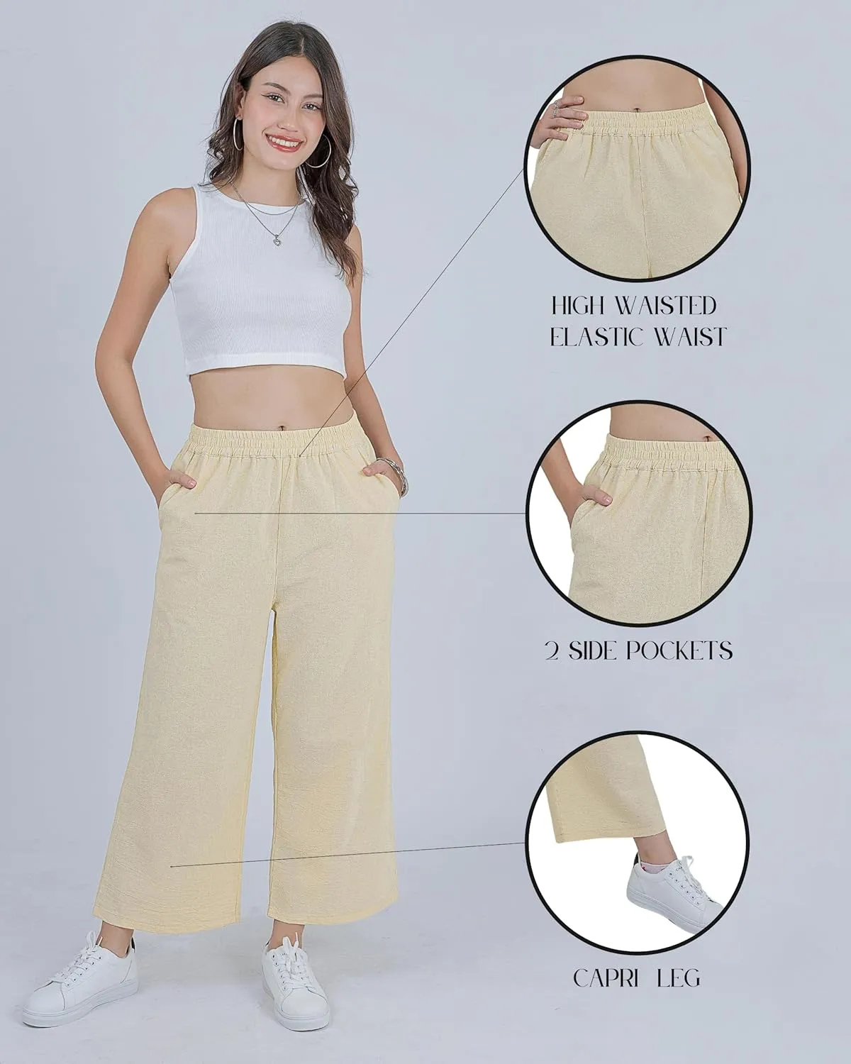 LOFBAZ Women Cotton Linen Wide Leg Capris Pants Cropped Palazzo Elastic High Waist Trousers Casual Loose Summer Clothing