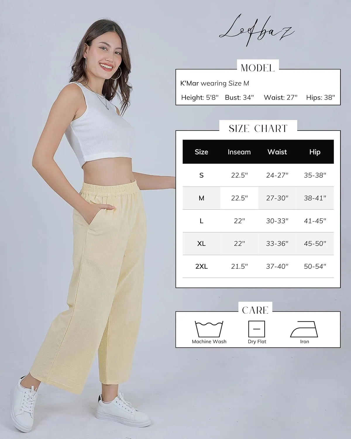LOFBAZ Women Cotton Linen Wide Leg Capris Pants Cropped Palazzo Elastic High Waist Trousers Casual Loose Summer Clothing