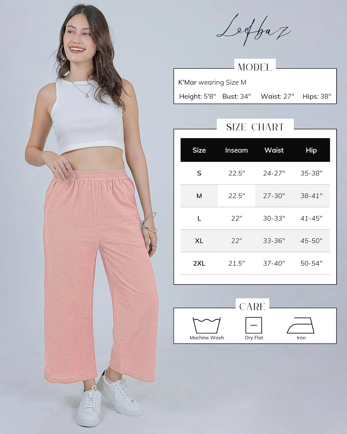 LOFBAZ Women Cotton Linen Wide Leg Capris Pants Cropped Palazzo Elastic High Waist Trousers Casual Loose Summer Clothing