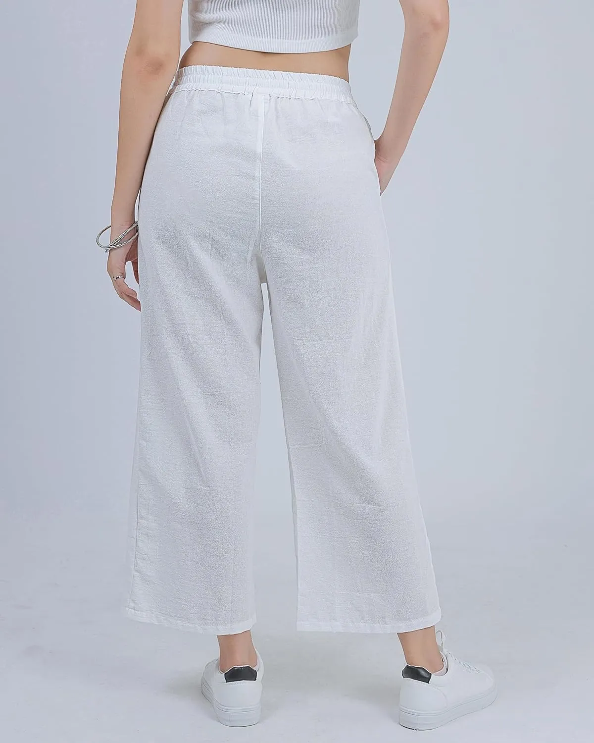LOFBAZ Women Cotton Linen Wide Leg Capris Pants Cropped Palazzo Elastic High Waist Trousers Casual Loose Summer Clothing
