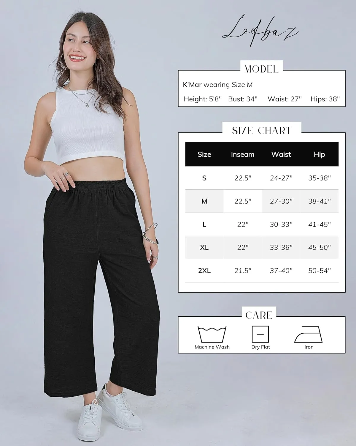 LOFBAZ Women Cotton Linen Wide Leg Capris Pants Cropped Palazzo Elastic High Waist Trousers Casual Loose Summer Clothing