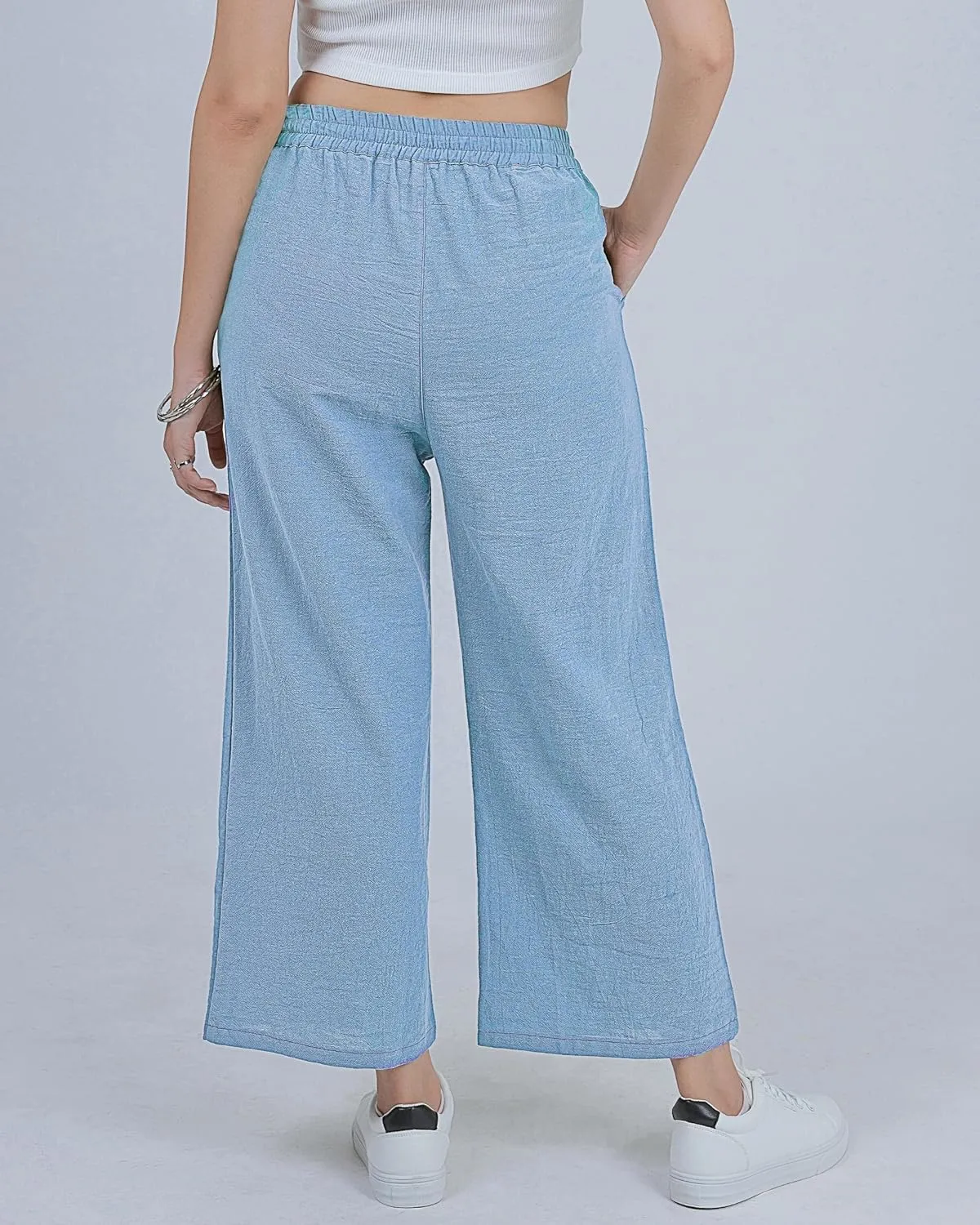 LOFBAZ Women Cotton Linen Wide Leg Capris Pants Cropped Palazzo Elastic High Waist Trousers Casual Loose Summer Clothing