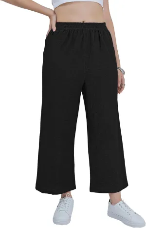 LOFBAZ Women Cotton Linen Wide Leg Capris Pants Cropped Palazzo Elastic High Waist Trousers Casual Loose Summer Clothing