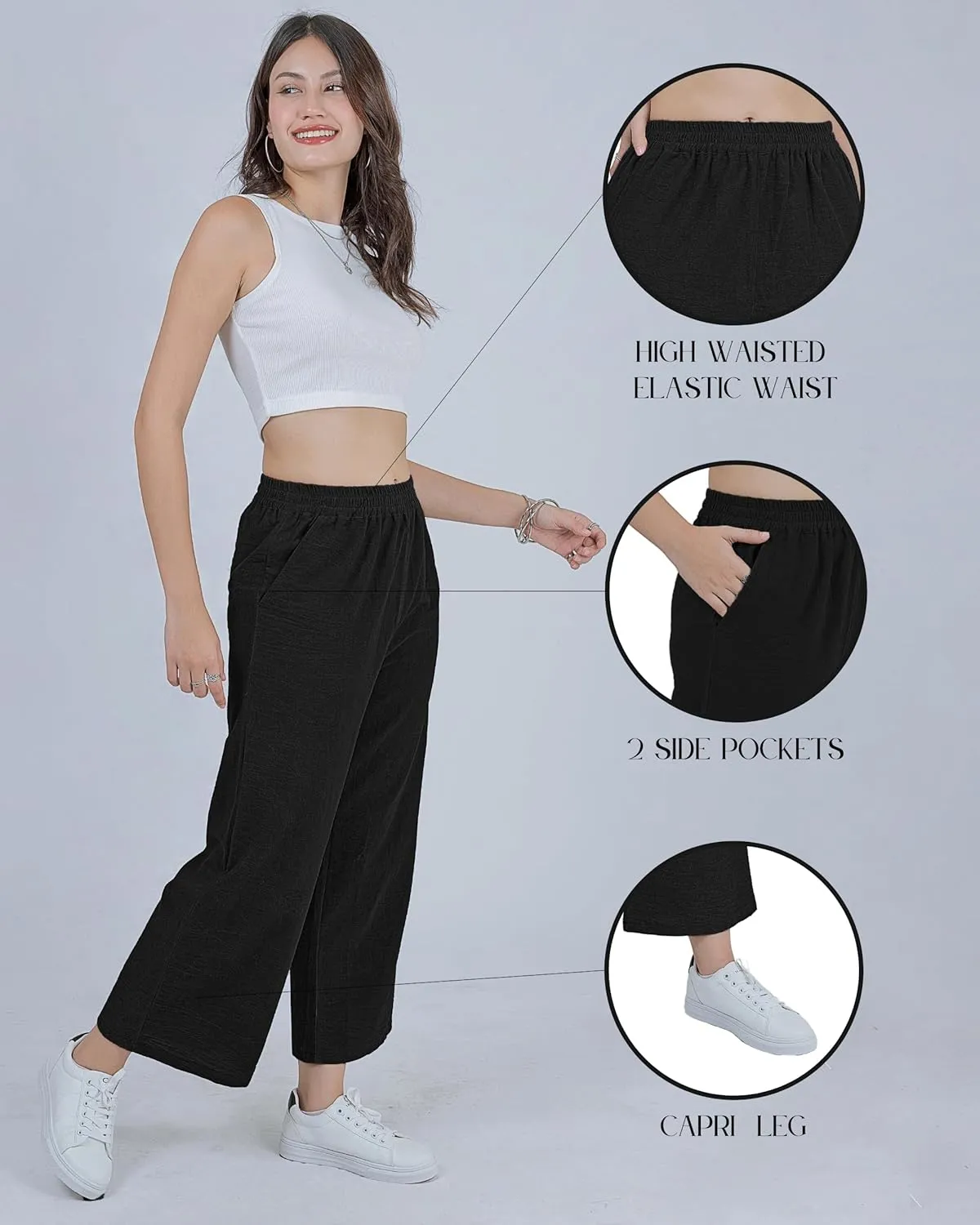 LOFBAZ Women Cotton Linen Wide Leg Capris Pants Cropped Palazzo Elastic High Waist Trousers Casual Loose Summer Clothing