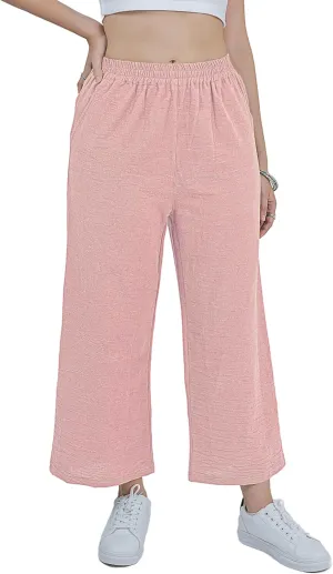 LOFBAZ Women Cotton Linen Wide Leg Capris Pants Cropped Palazzo Elastic High Waist Trousers Casual Loose Summer Clothing