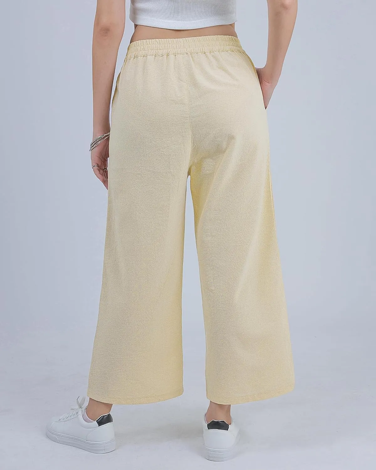 LOFBAZ Women Cotton Linen Wide Leg Capris Pants Cropped Palazzo Elastic High Waist Trousers Casual Loose Summer Clothing