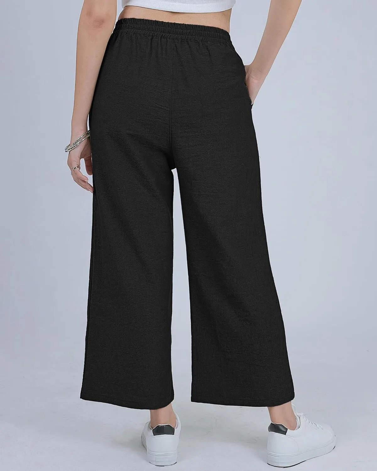 LOFBAZ Women Cotton Linen Wide Leg Capris Pants Cropped Palazzo Elastic High Waist Trousers Casual Loose Summer Clothing