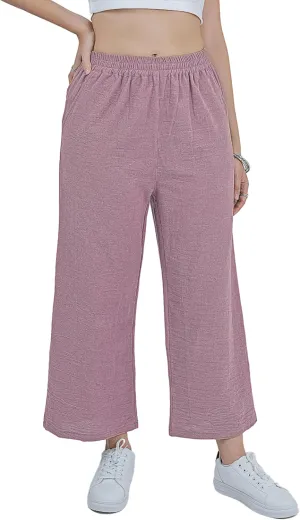 LOFBAZ Women Cotton Linen Wide Leg Capris Pants Cropped Palazzo Elastic High Waist Trousers Casual Loose Summer Clothing