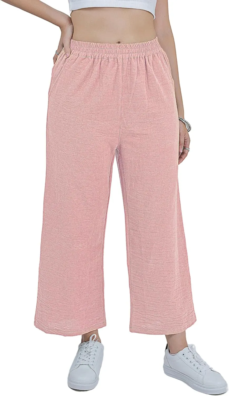 LOFBAZ Women Cotton Linen Wide Leg Capris Pants Cropped Palazzo Elastic High Waist Trousers Casual Loose Summer Clothing