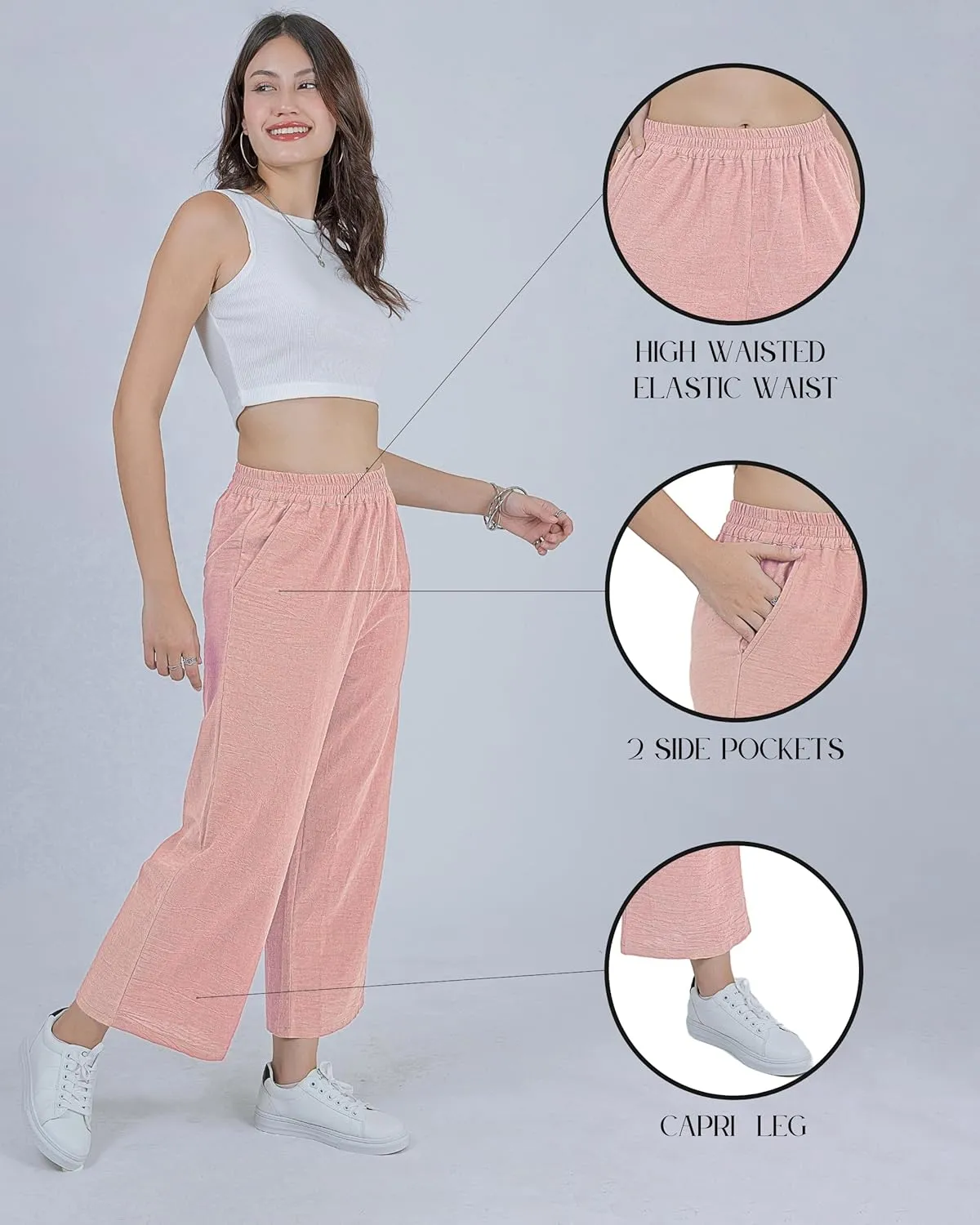 LOFBAZ Women Cotton Linen Wide Leg Capris Pants Cropped Palazzo Elastic High Waist Trousers Casual Loose Summer Clothing