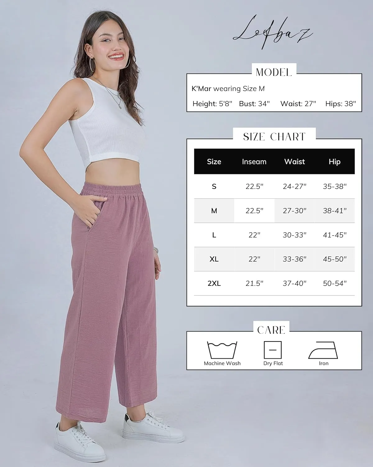 LOFBAZ Women Cotton Linen Wide Leg Capris Pants Cropped Palazzo Elastic High Waist Trousers Casual Loose Summer Clothing