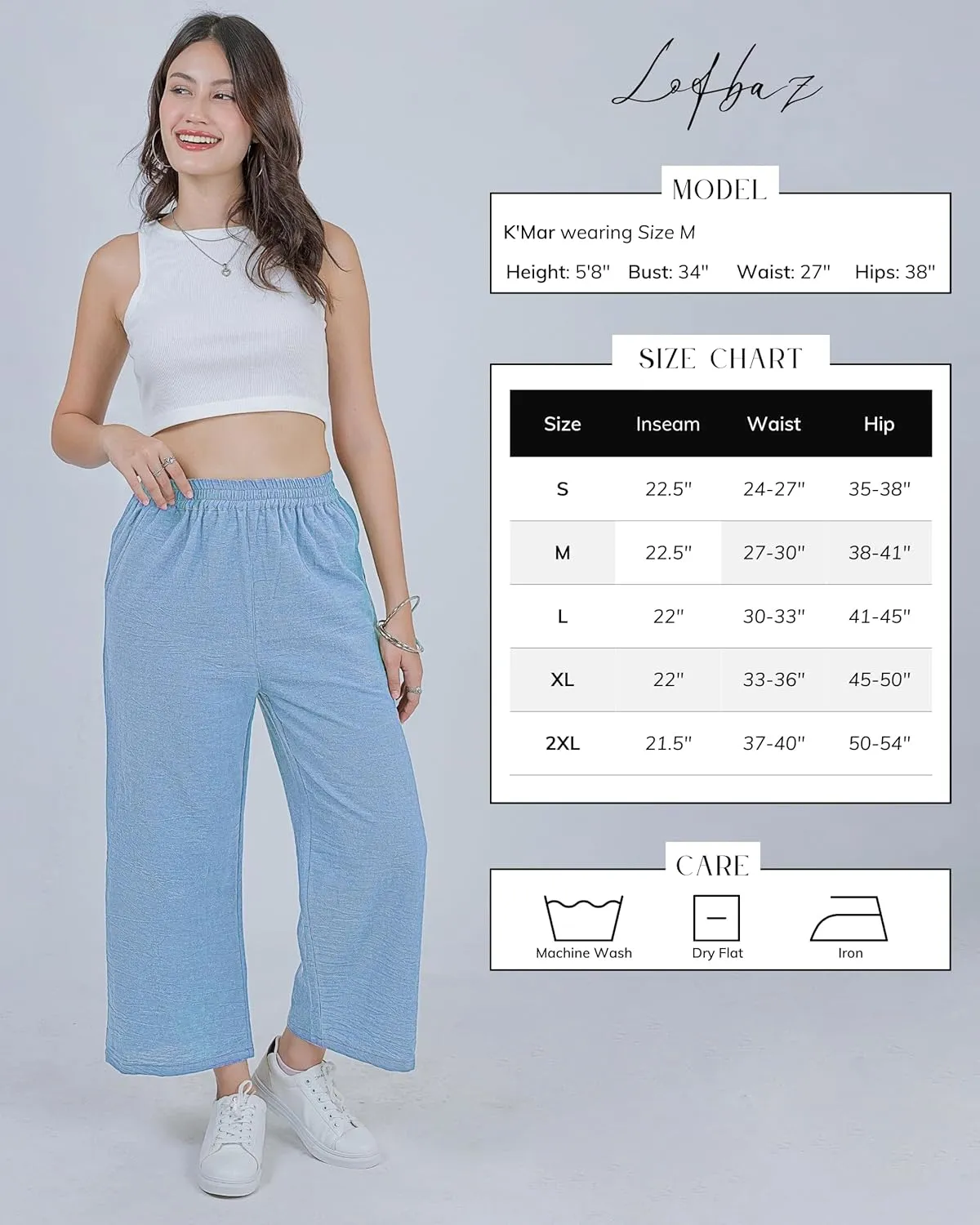 LOFBAZ Women Cotton Linen Wide Leg Capris Pants Cropped Palazzo Elastic High Waist Trousers Casual Loose Summer Clothing