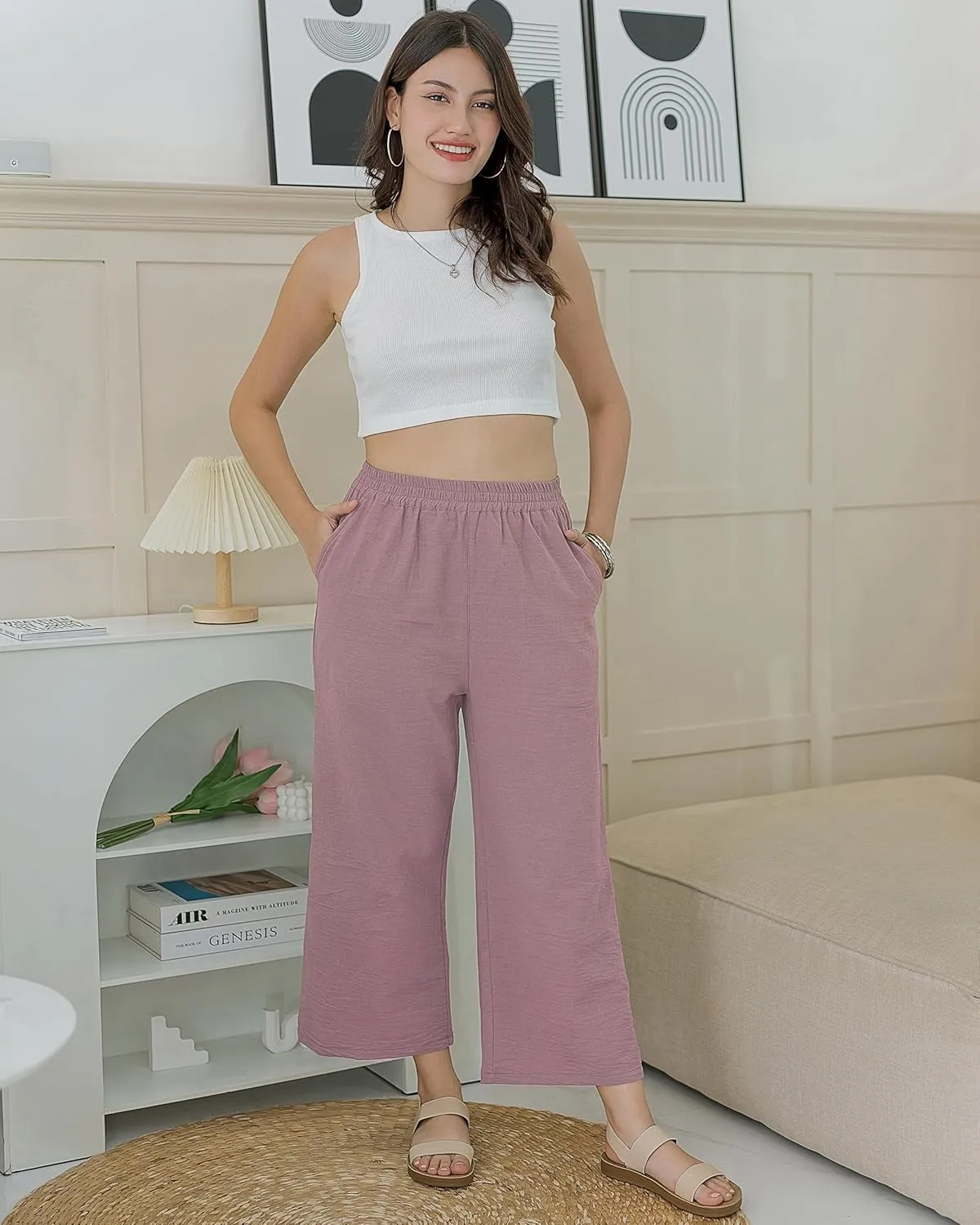 LOFBAZ Women Cotton Linen Wide Leg Capris Pants Cropped Palazzo Elastic High Waist Trousers Casual Loose Summer Clothing