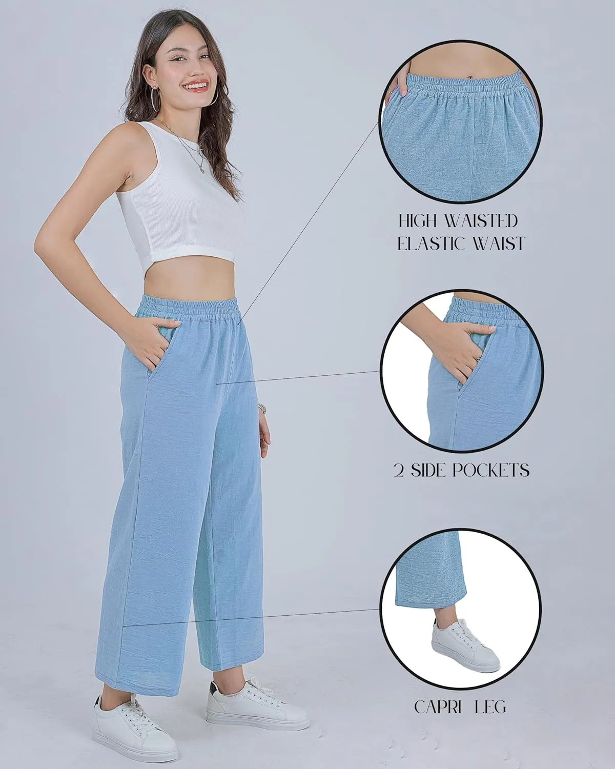 LOFBAZ Women Cotton Linen Wide Leg Capris Pants Cropped Palazzo Elastic High Waist Trousers Casual Loose Summer Clothing