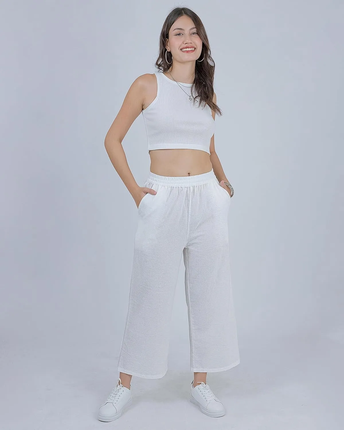 LOFBAZ Women Cotton Linen Wide Leg Capris Pants Cropped Palazzo Elastic High Waist Trousers Casual Loose Summer Clothing