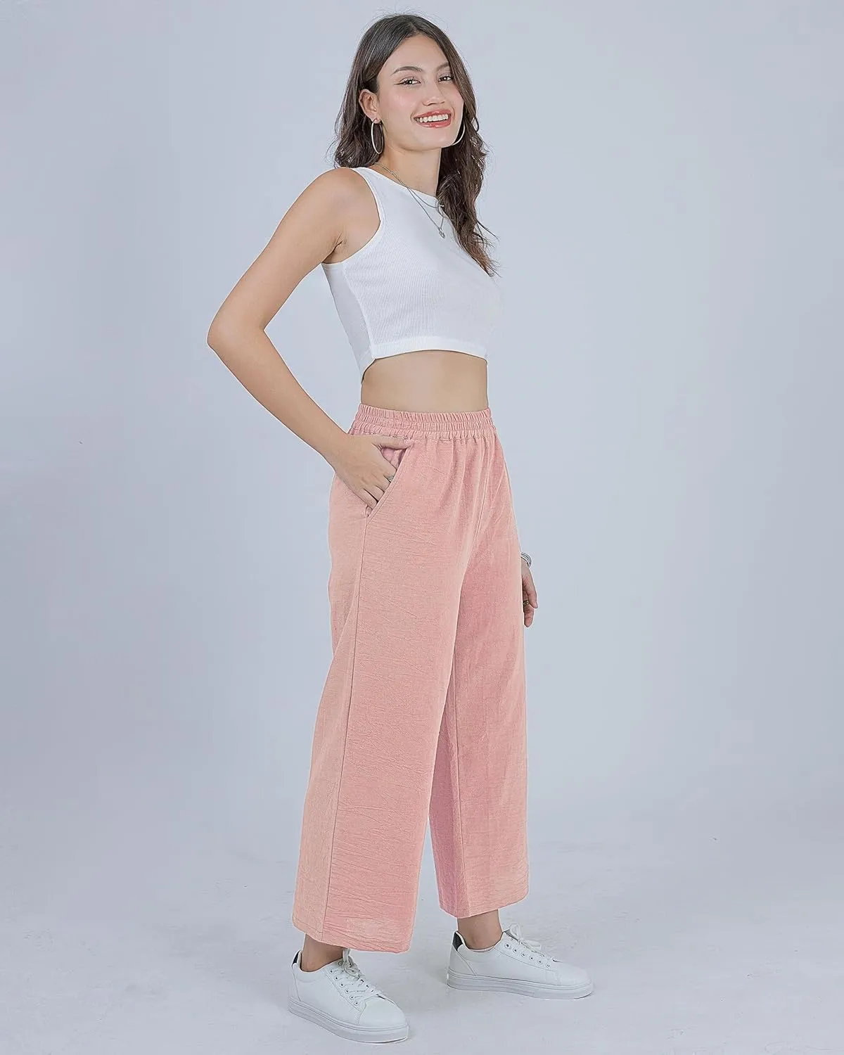 LOFBAZ Women Cotton Linen Wide Leg Capris Pants Cropped Palazzo Elastic High Waist Trousers Casual Loose Summer Clothing