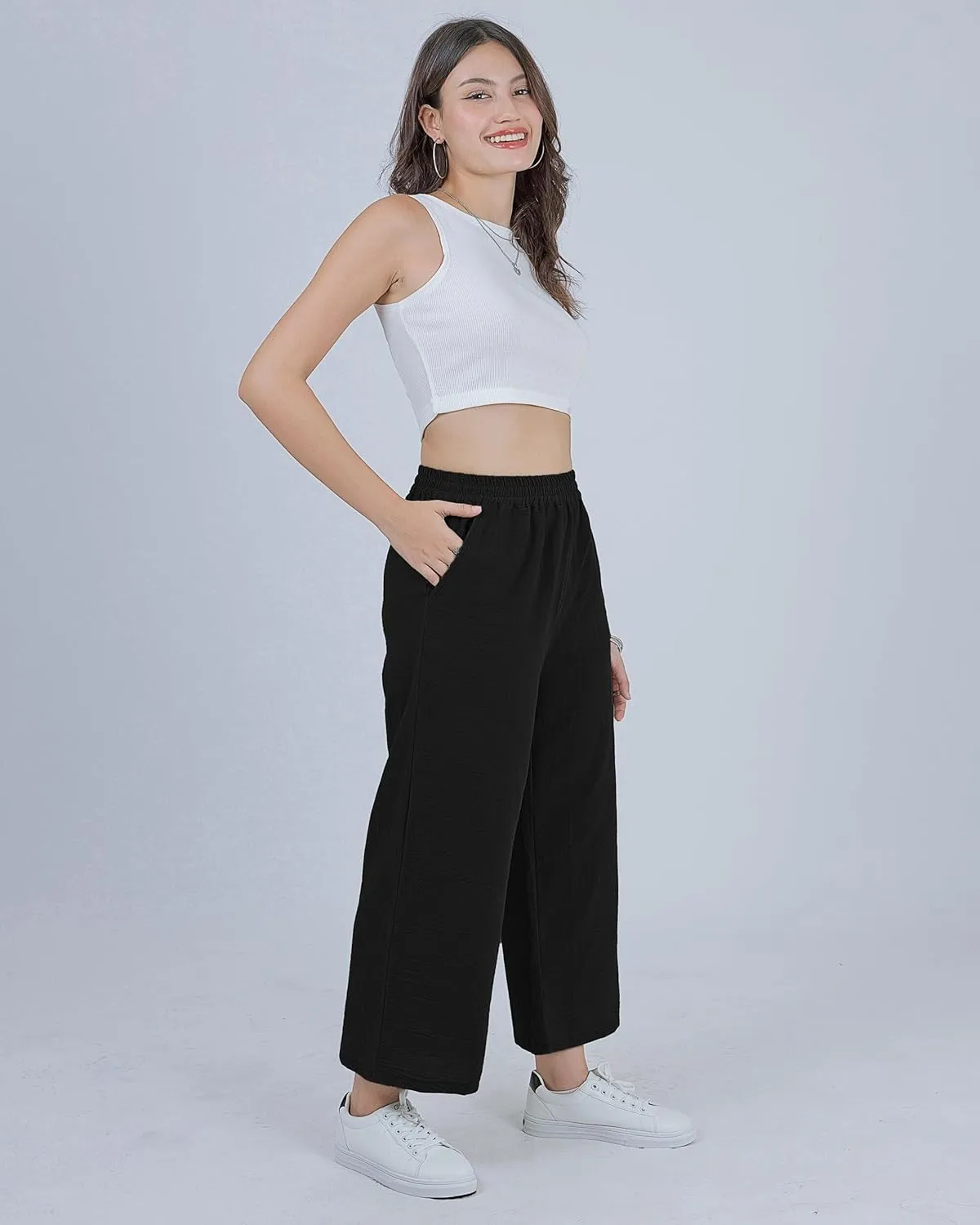 LOFBAZ Women Cotton Linen Wide Leg Capris Pants Cropped Palazzo Elastic High Waist Trousers Casual Loose Summer Clothing